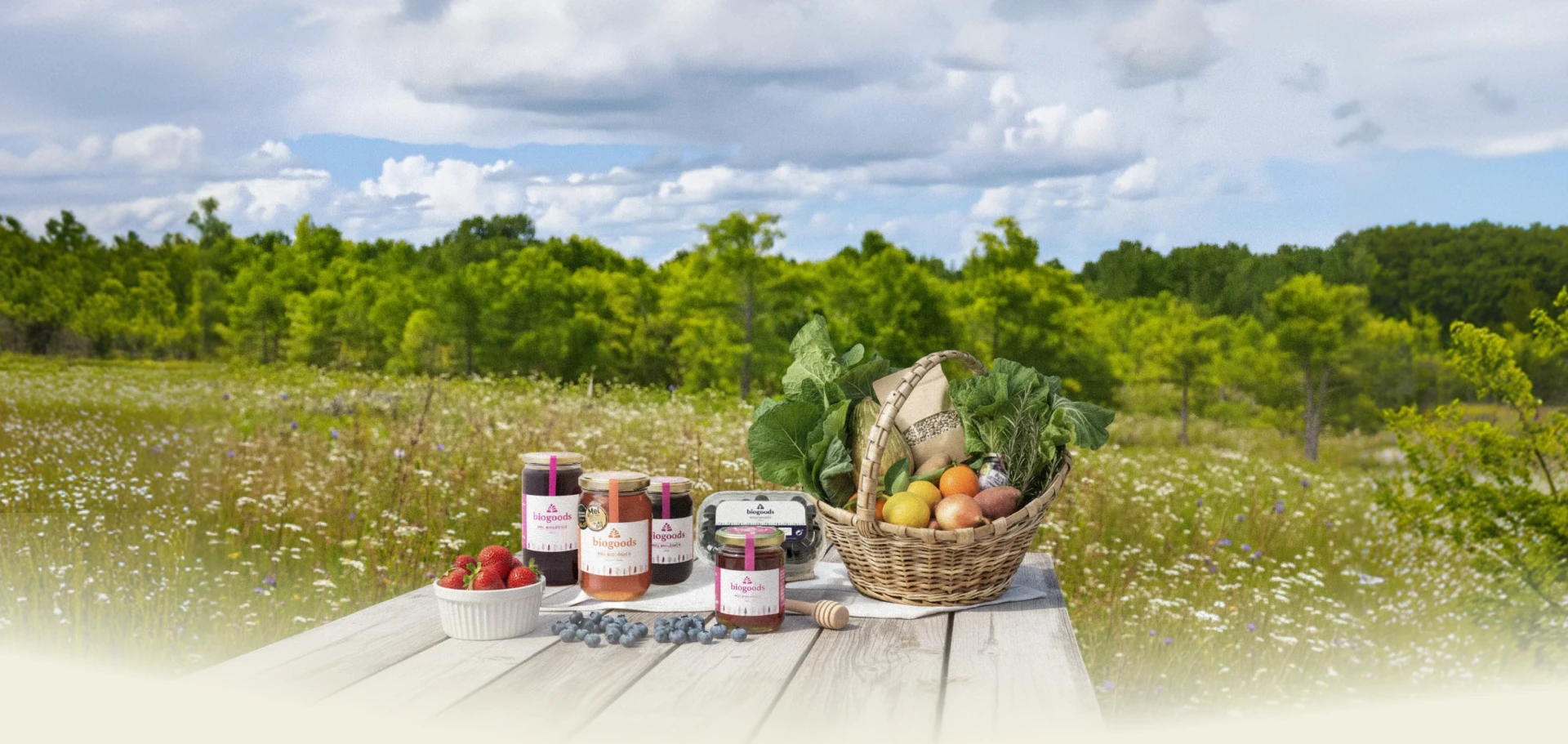 Produtos biológicos Biogoods numa mesa junto à quinta